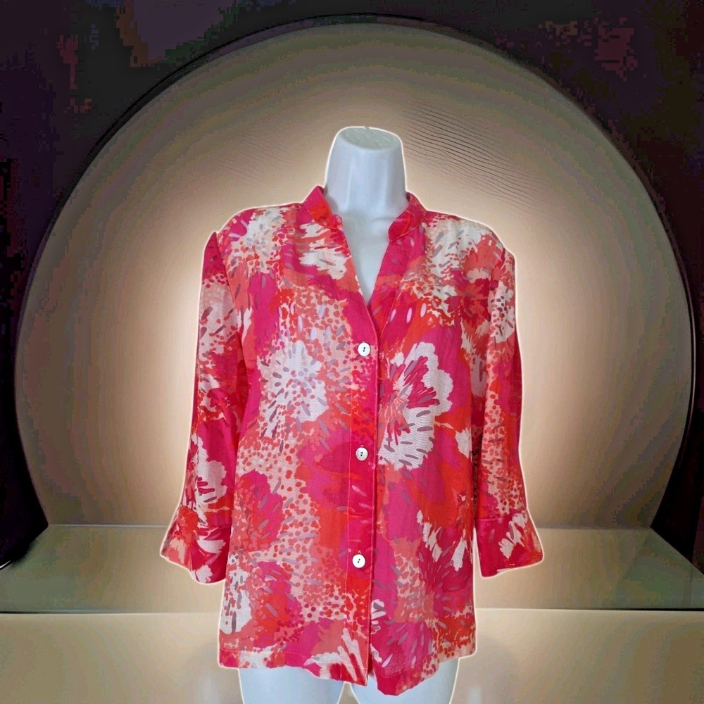 Ruby Rd Blouse M Pink Burnout Button Front 3/4 Sleeve Lightweight Beachy Artsy